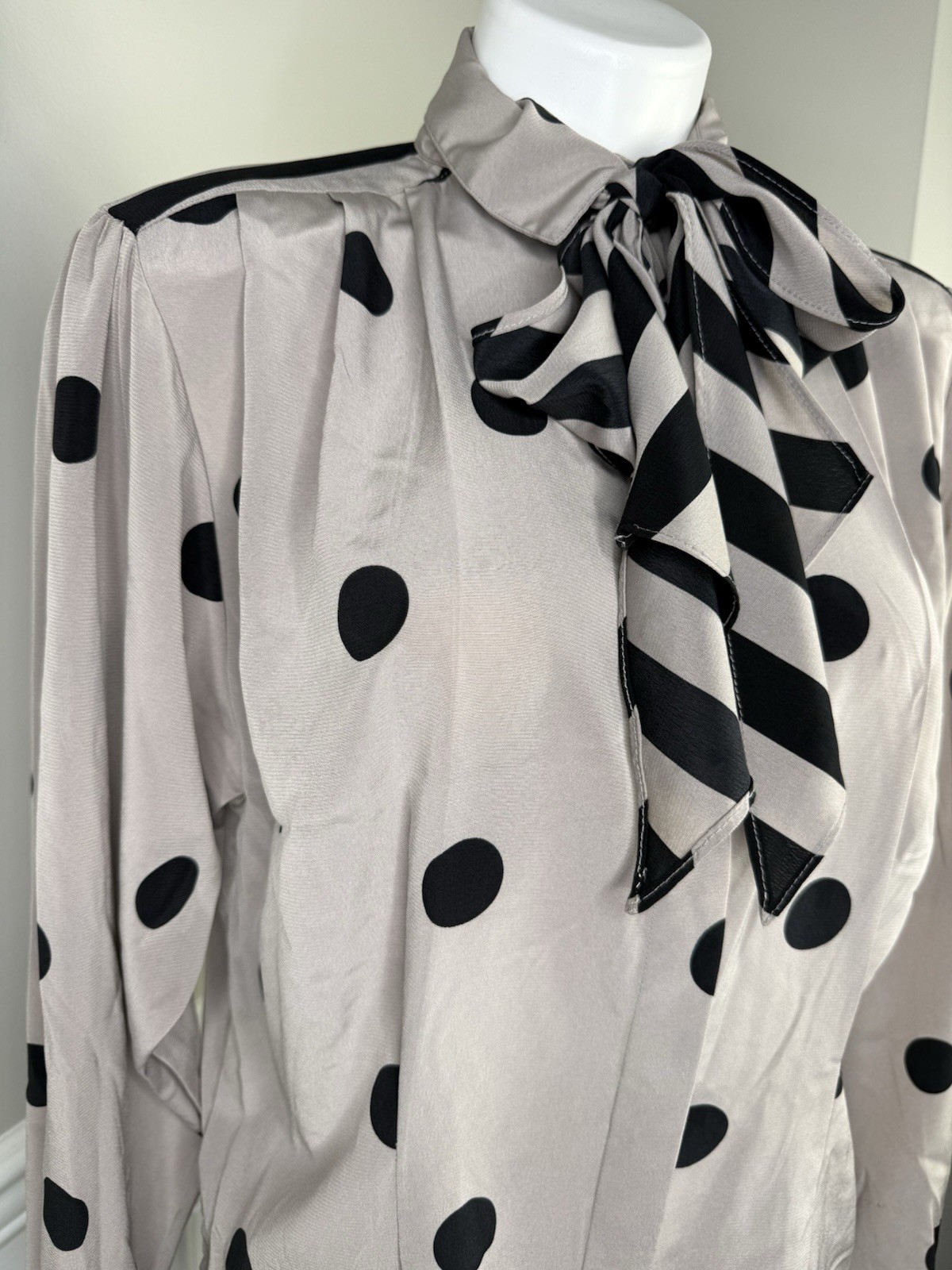 Vintage Stuart Lang Flowy Button Down Blouse Polka Dot Detachable Scarf Sz 12 L