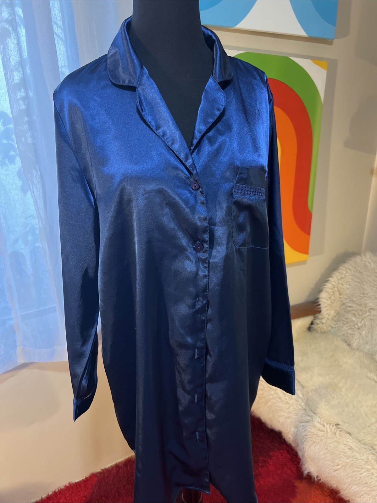 Morgan Taylor Intimates Glossy Satin Sleep Shirt Nightgown Navy Blue Large