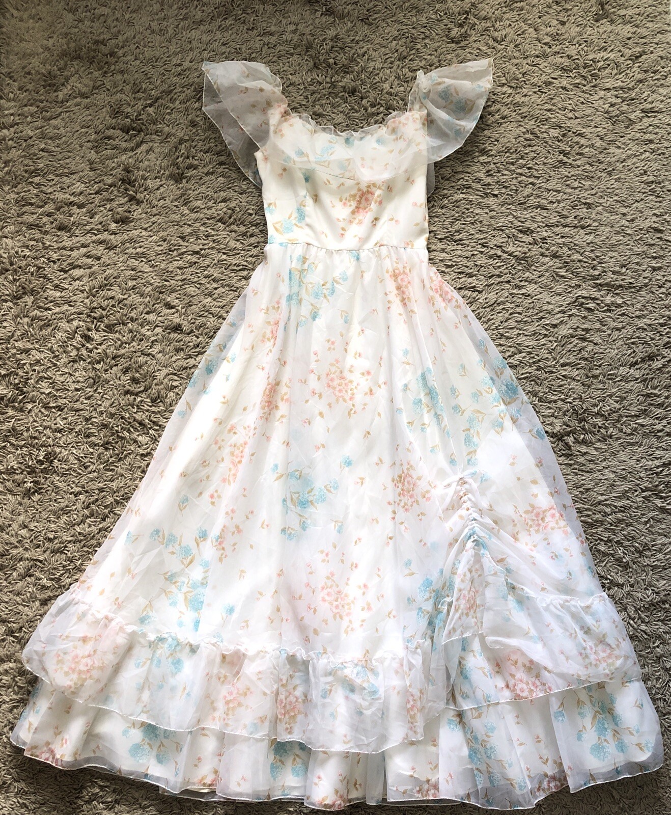 ILGWU Maxi Dress Ruffles Brunch Prom Gown Floral Easter Bridal Prairie Vintage