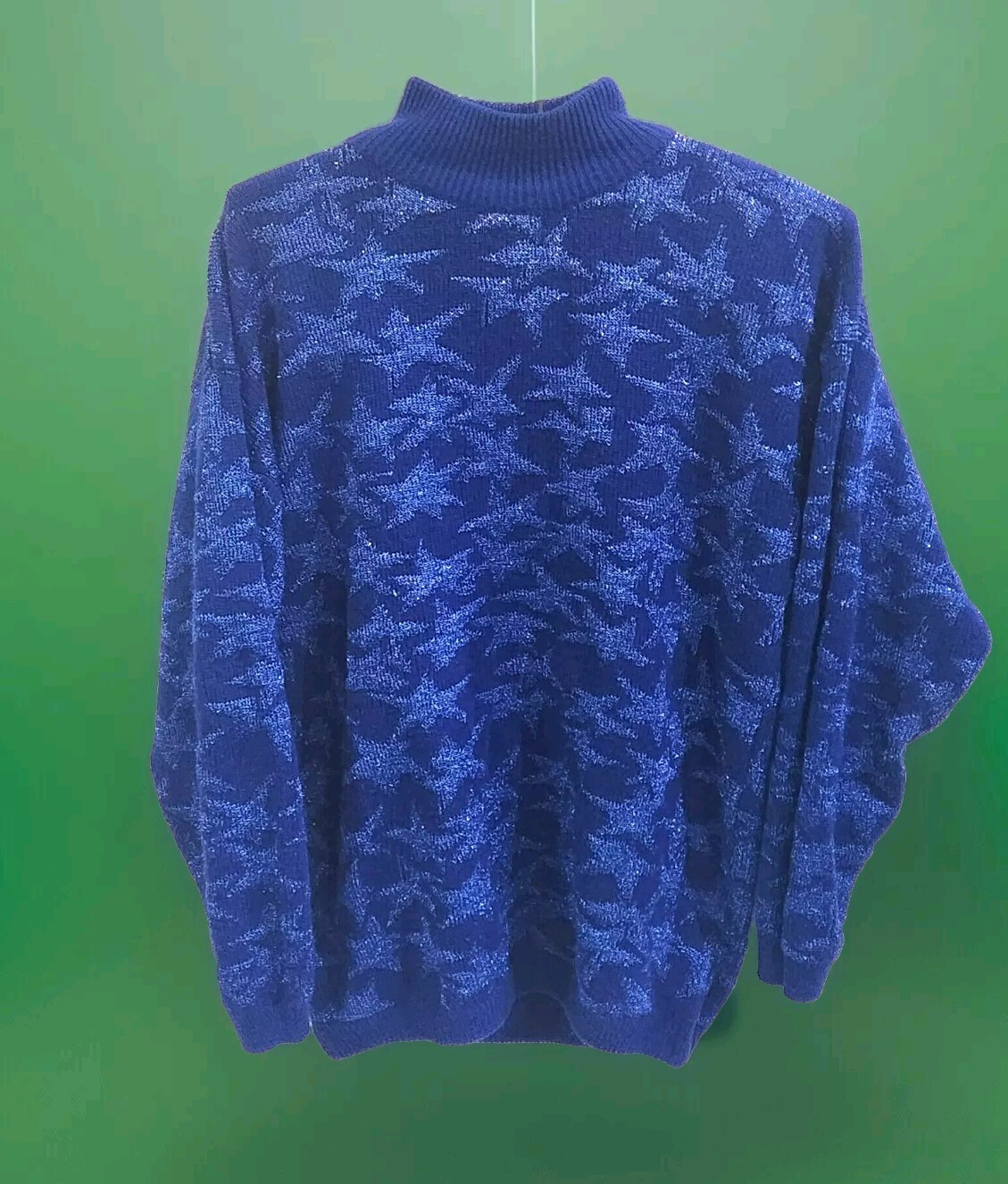 VTG y2k Women’s Blue Super Star Metallic Sparkle Knit Sweater L collar tunic
