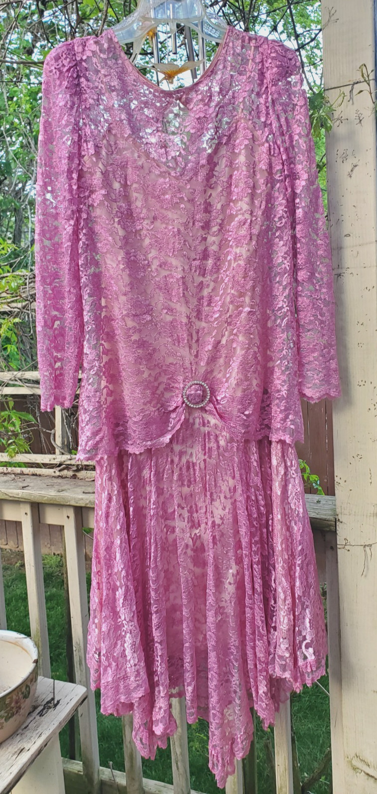 VTG JC Penney 80’s Dress Women’s Pink Lace Overlay Flare Handkerchief Hem MOB