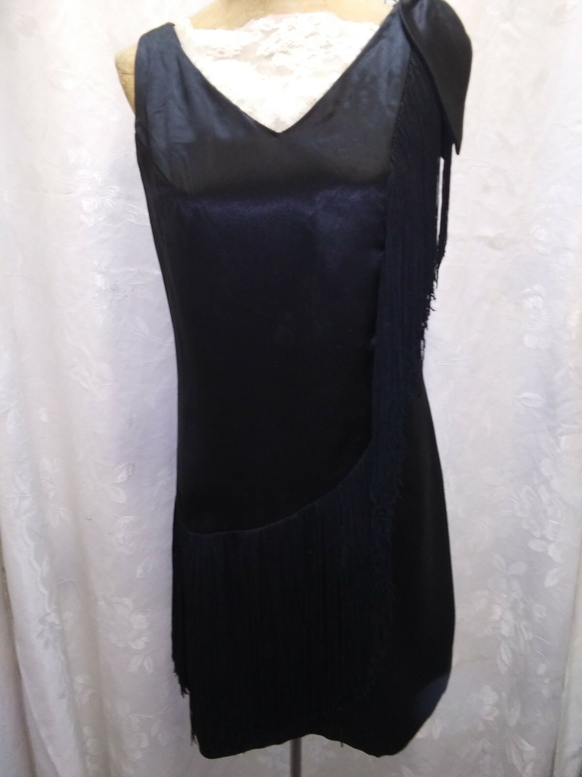 Vintage 1960’s Retro 30’s Black Rayon Satin Fringe Flapper Dress Size S/M