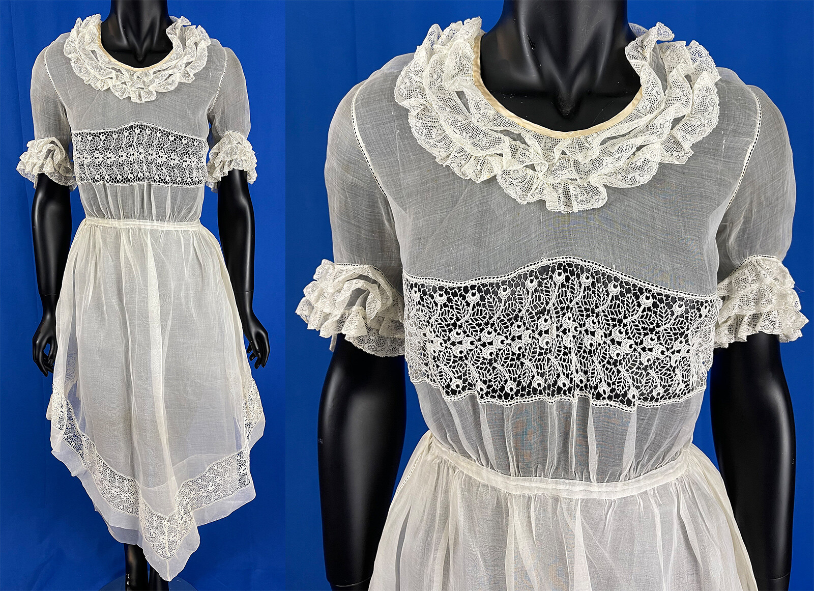 Vintage 1920s Sheer White Cotton Organdy Olive Lace Handkerchief Hem Skirt Dress