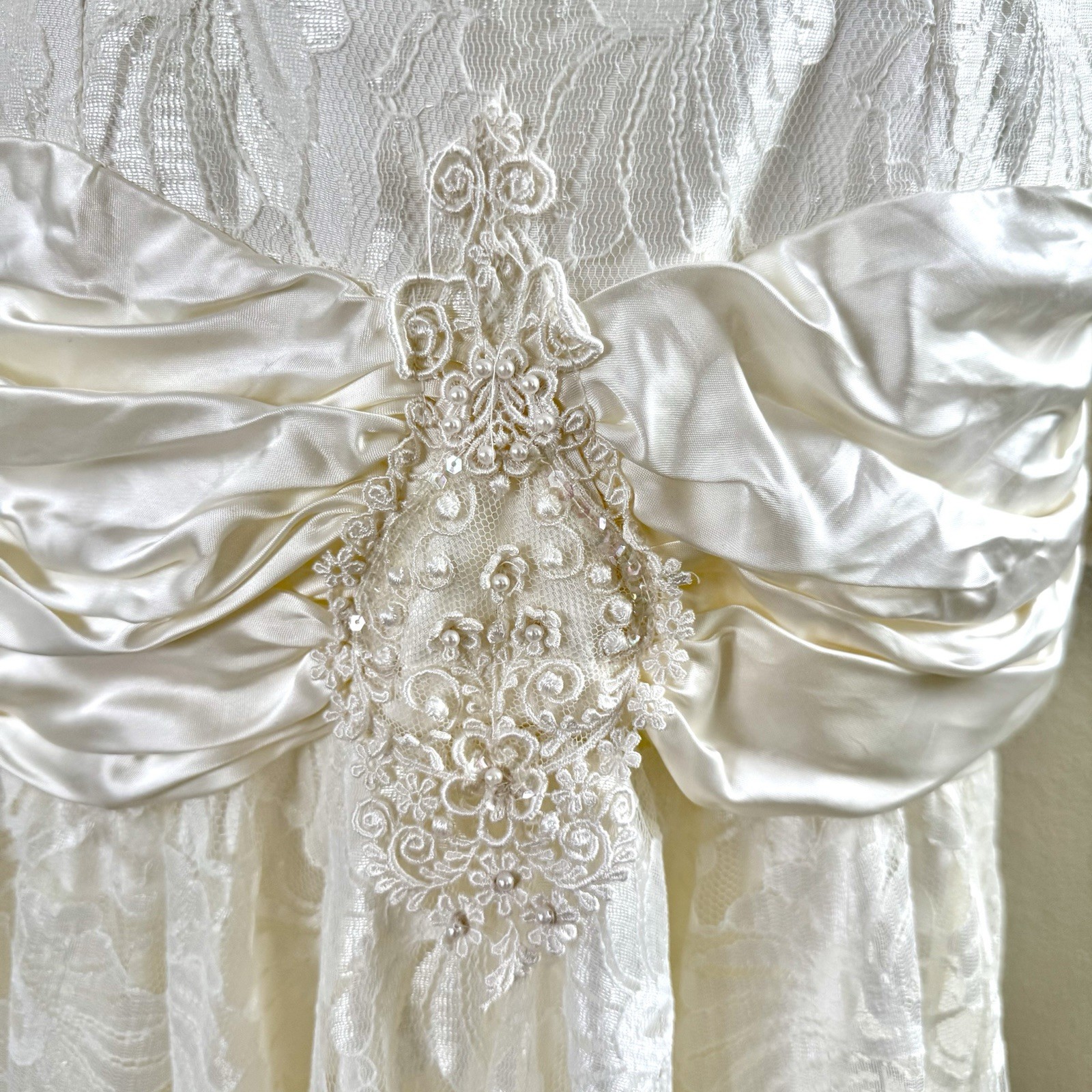 Vintage 80s Bonnell White Lace Chiffon Hi Lo Dress Wedding Prom Party Deco Sz M