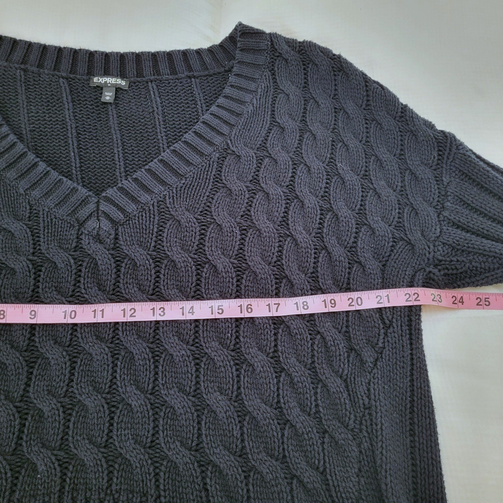 VTG Express Black Chunky Cable Knit Deep V-Neck Off Shoulder 80s Retro Sweater M