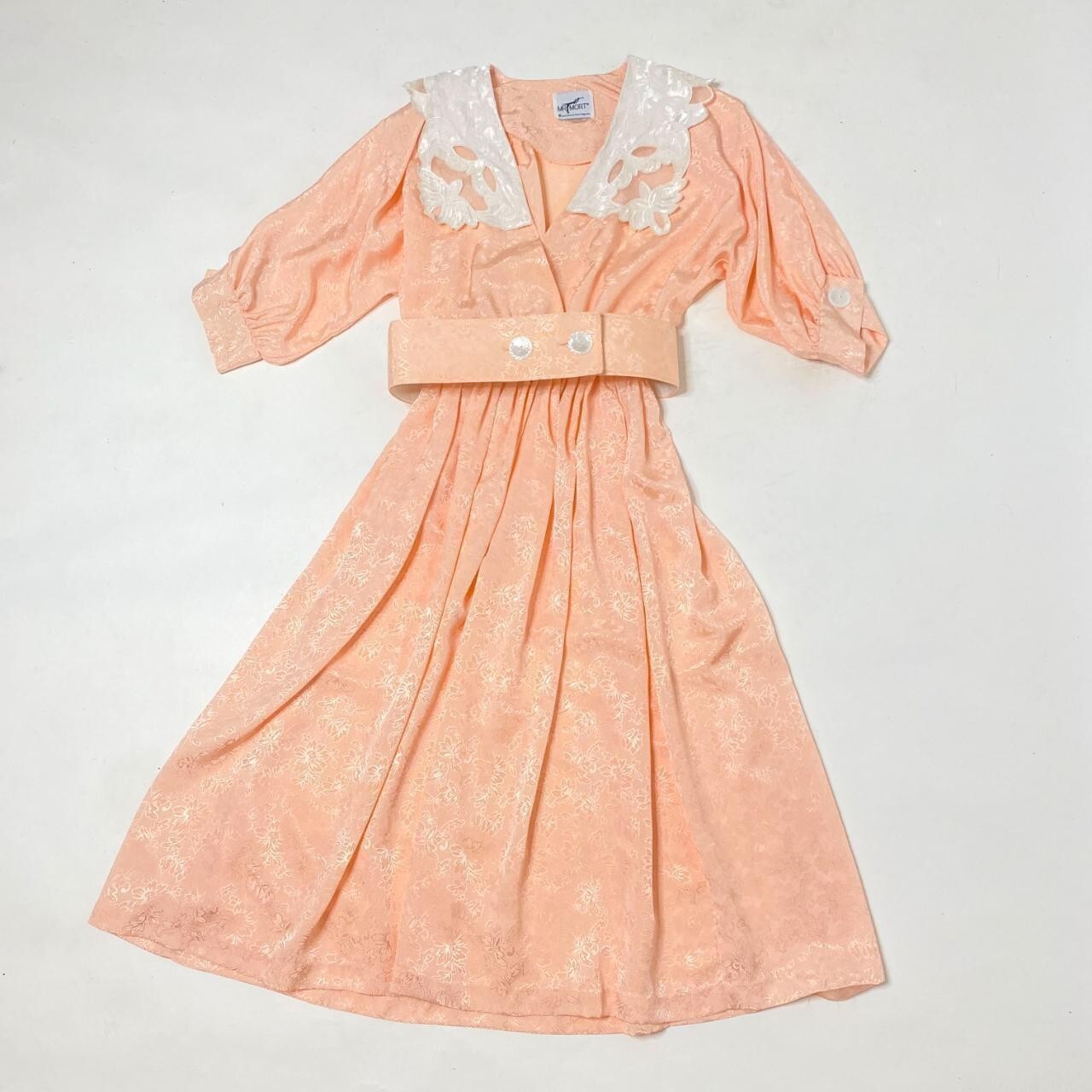 Vintage floral Dress , made with peachy light pink pastel fabric , kind of shiny