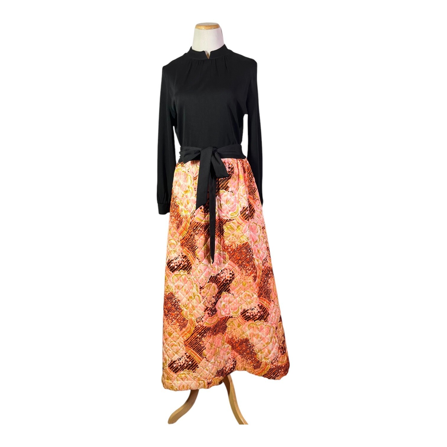 Vintage 1970s Maxi Dress Quilted Skirt Black Pink Orange Hostess
