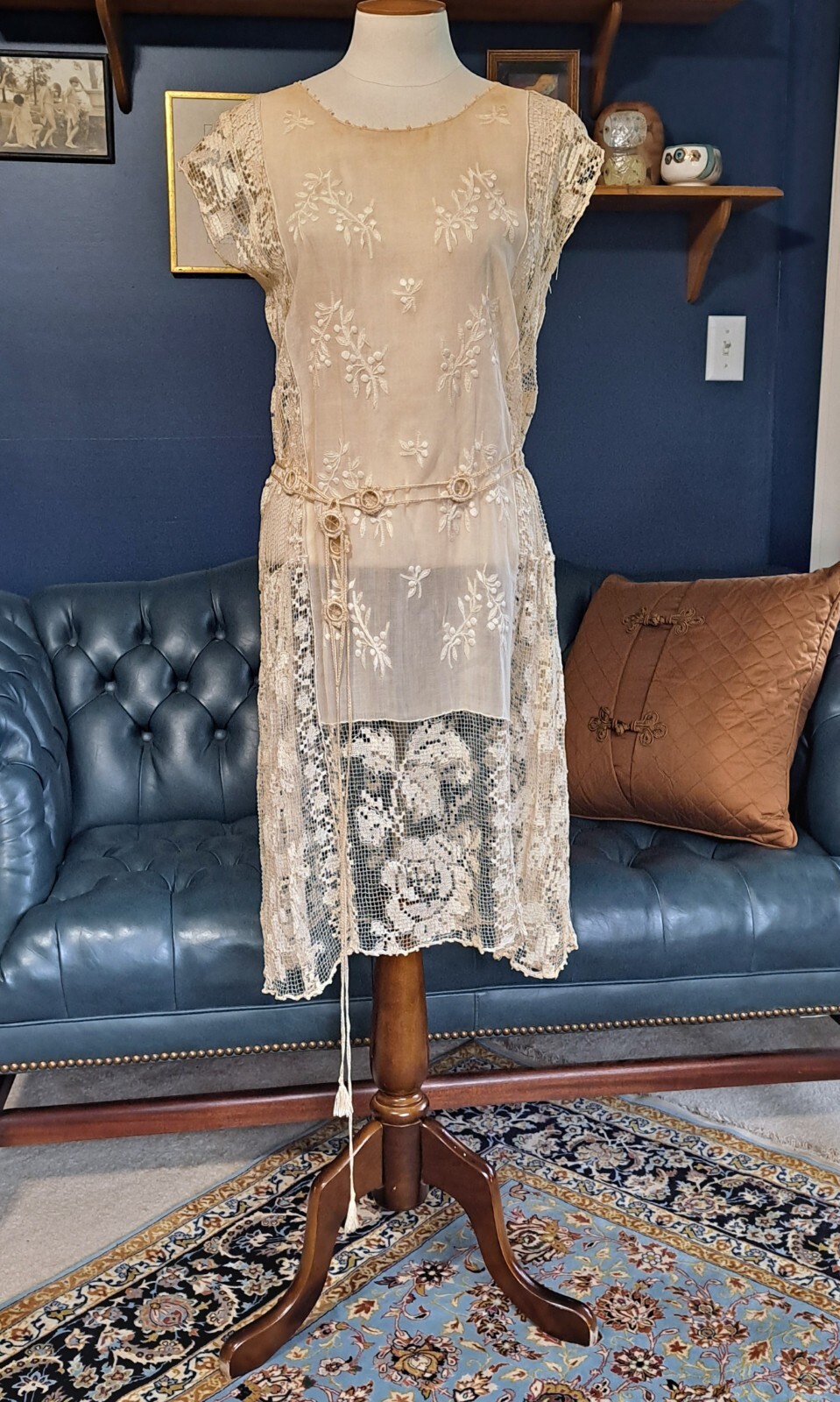 Antique 1920s Embroidered Tunic Lace Dress XS S Floral Filet Crochet Belt