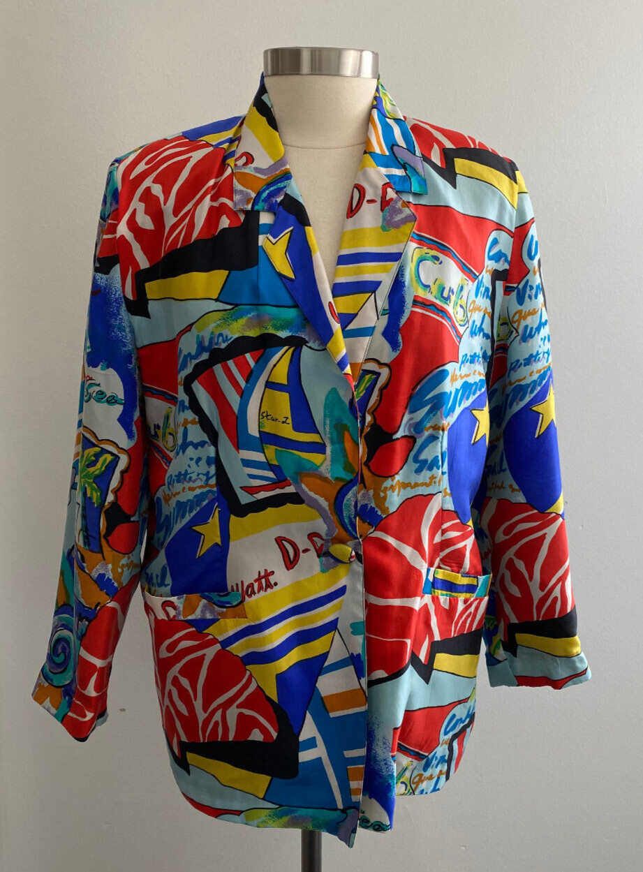 Vintage Carol Horn Workshop Bold Print Oversized Silk Blazer Jacket Medium
