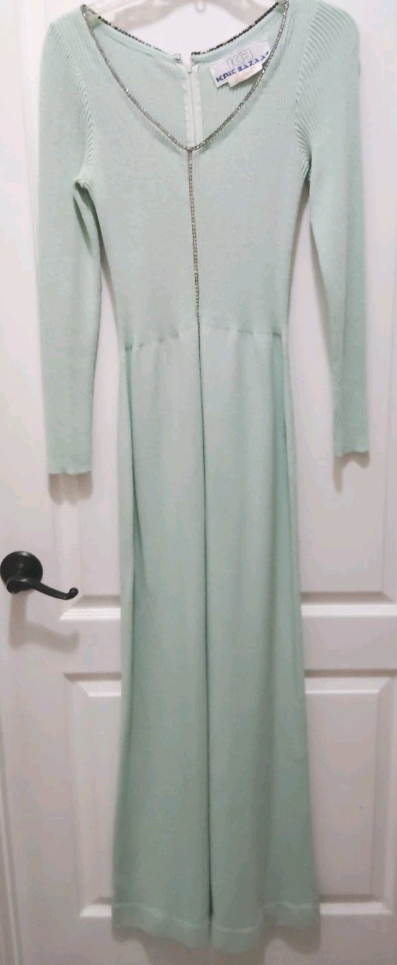 Vintage 70s Knit Bazaar Sakowitz Pale Green With Rhinestones Formal Dress 8