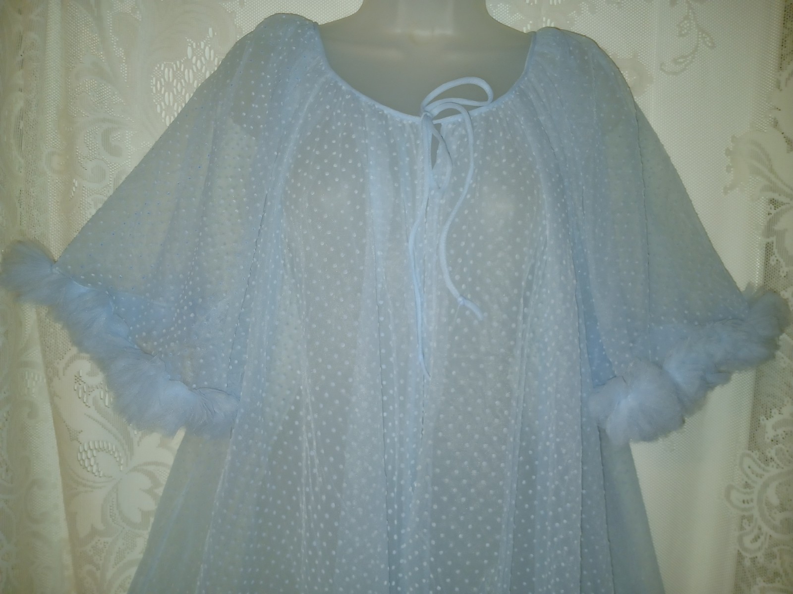 Vintage 50s Lisette Blue Flocked Swiss Dot Sheer Nylon Ruffled Peignoir Robe EUC