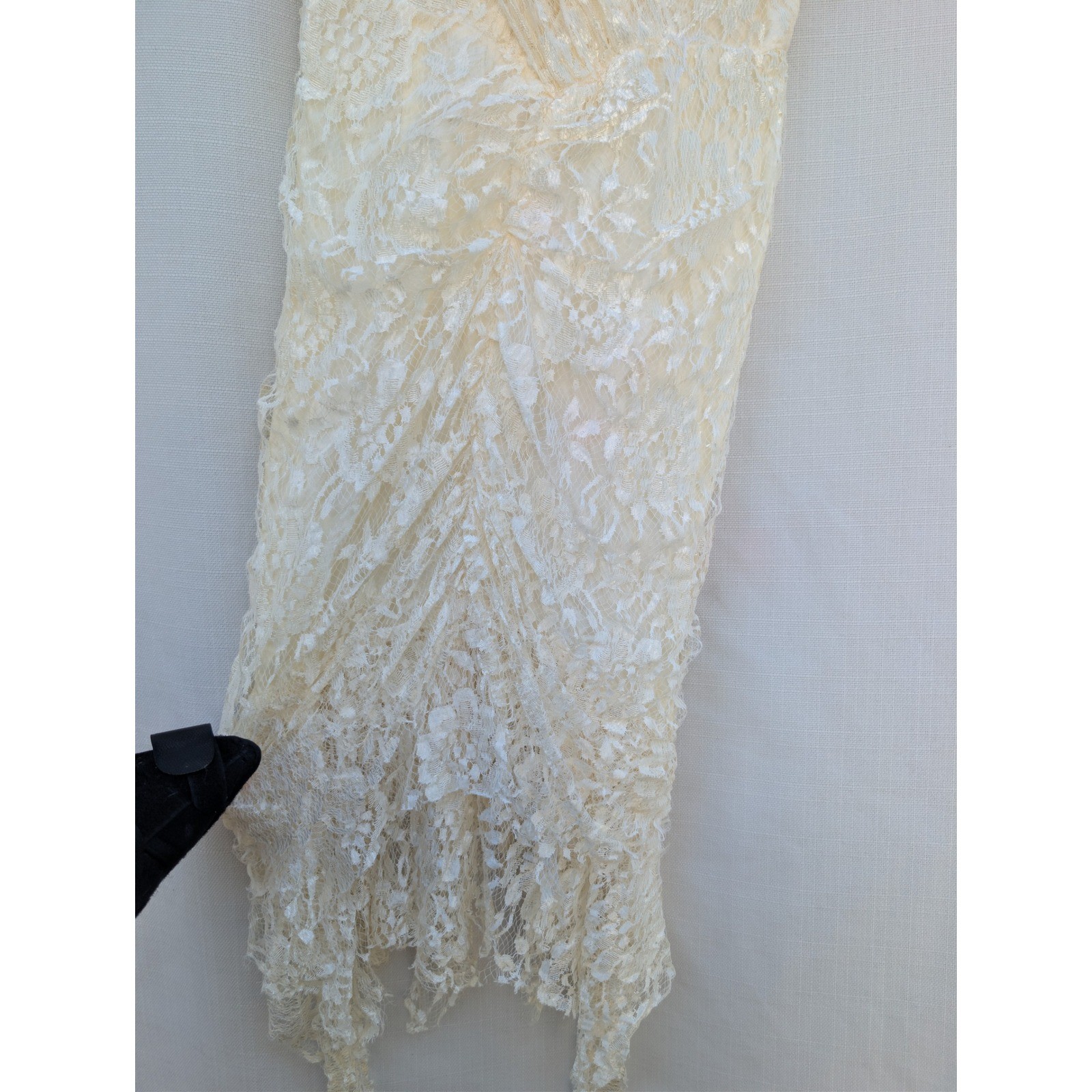 Vtg Coquette Cream Lace Dress Handkerchief Hem Ruched Seneca Alternative Bride