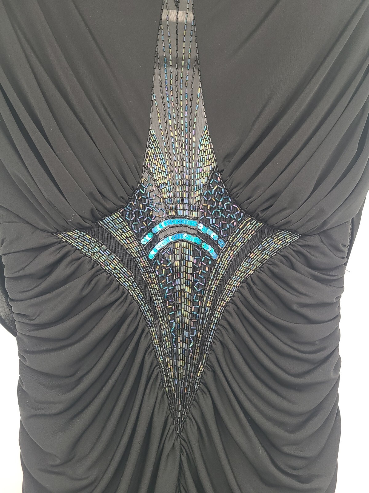 Vintage Eletra Casadei Black Curtain Draped Evening Gown Beaded, Sheer Bodice 10