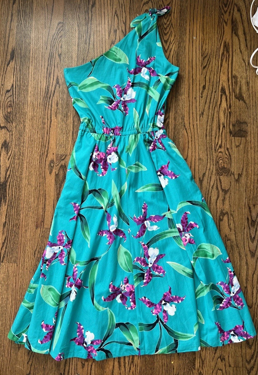 1980s Handmade One Shoulder Hawaiian Dress Teal W/Purple Orchid Flowers Size Sm