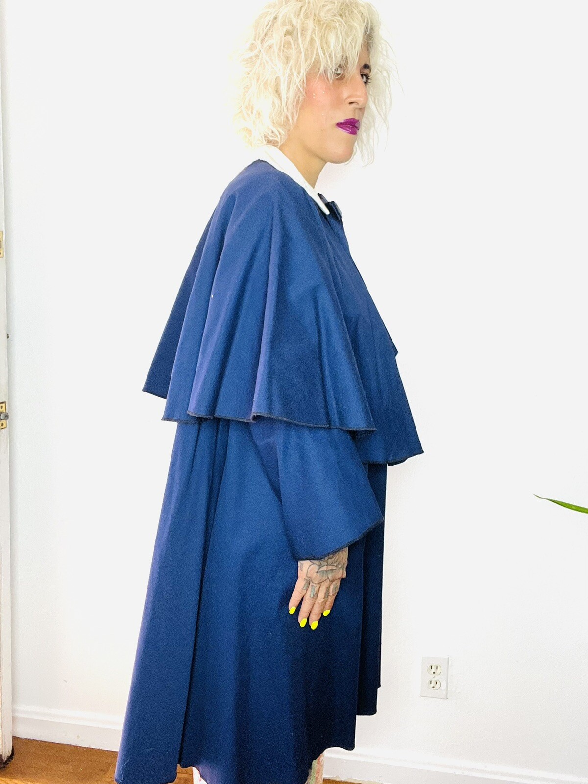 1980’s 80s Cotton Faille Oversized CAPE Peter Pan Collar Vintage Swing Coat L XL