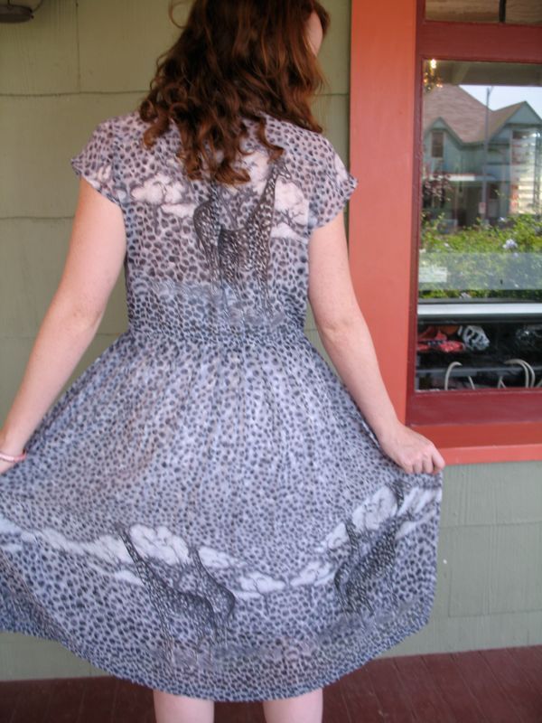VTG Chingyeh Dress Sheer Chiffon African Savannah Scene Animal Print Grey Black