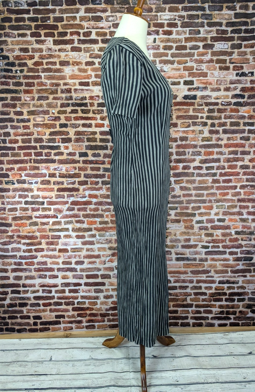 Vintage Long Slit Wiggle Dress 90’s Y2k Striped Button Maxi Size 5 6 Small Gray