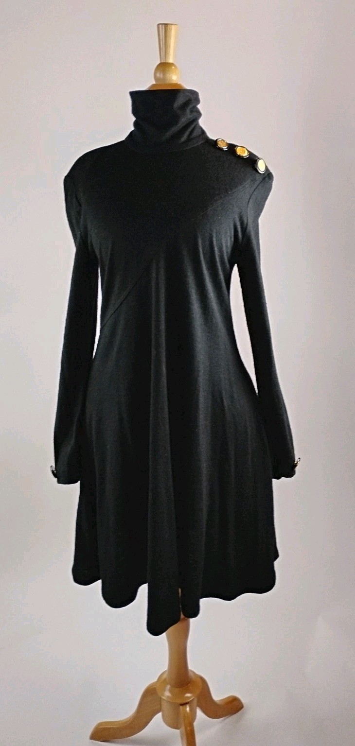Vintage 1980’s Teri Jon Black Wool Dress Gold Button Shoulder Power Dress