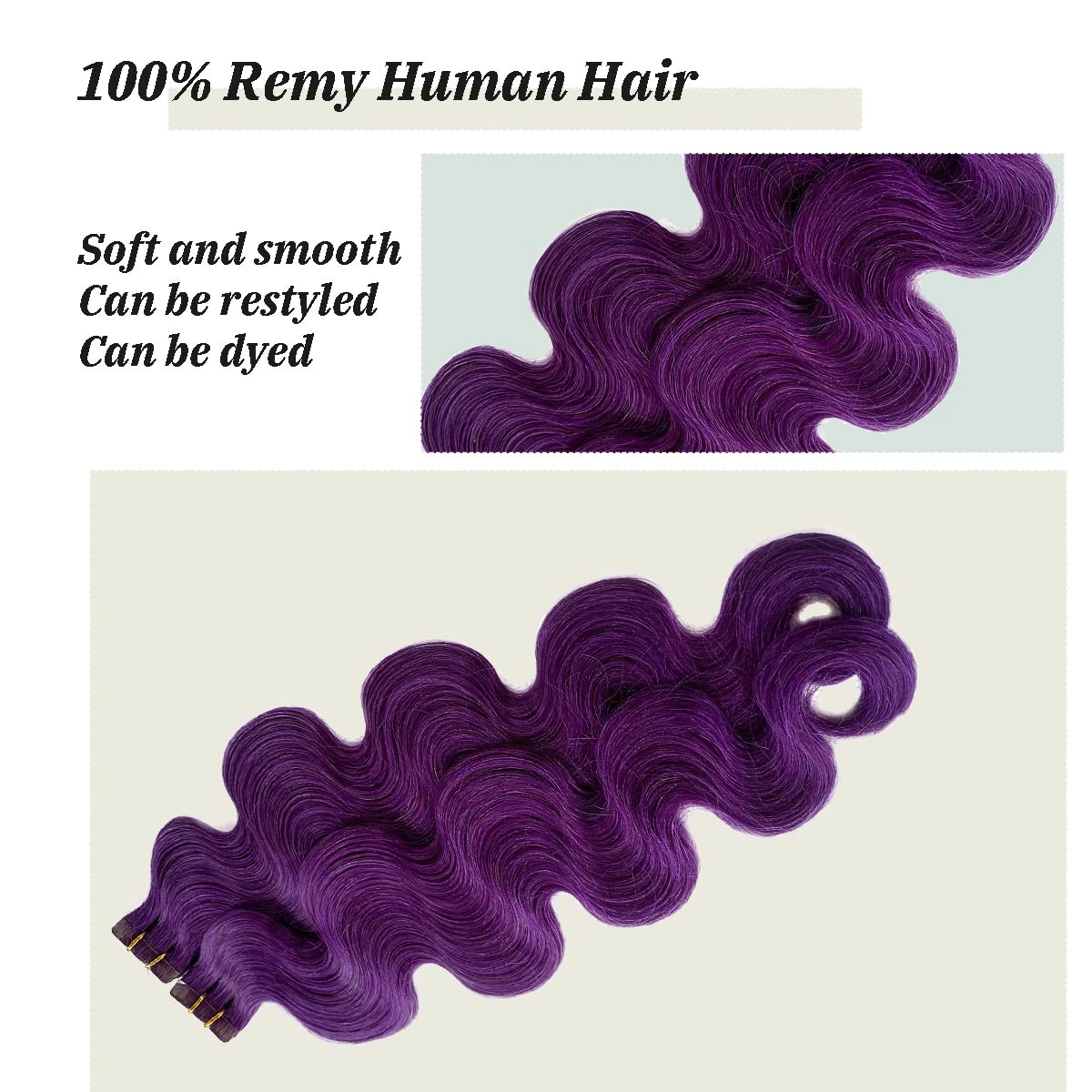 Body Wave Tape-in Human Hair Extensions, Purple 100% Remy Soft Sea