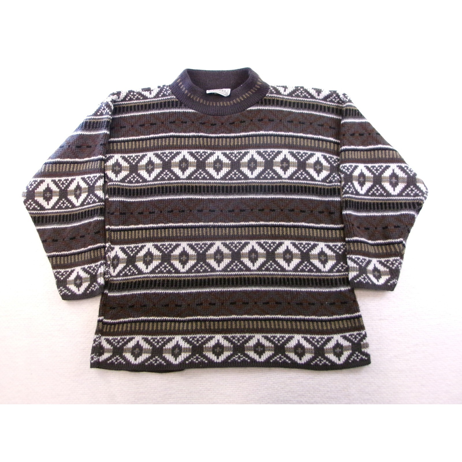 Croquet Club Knit Sweater Women M Brown Geometric Fair Isle Vintage