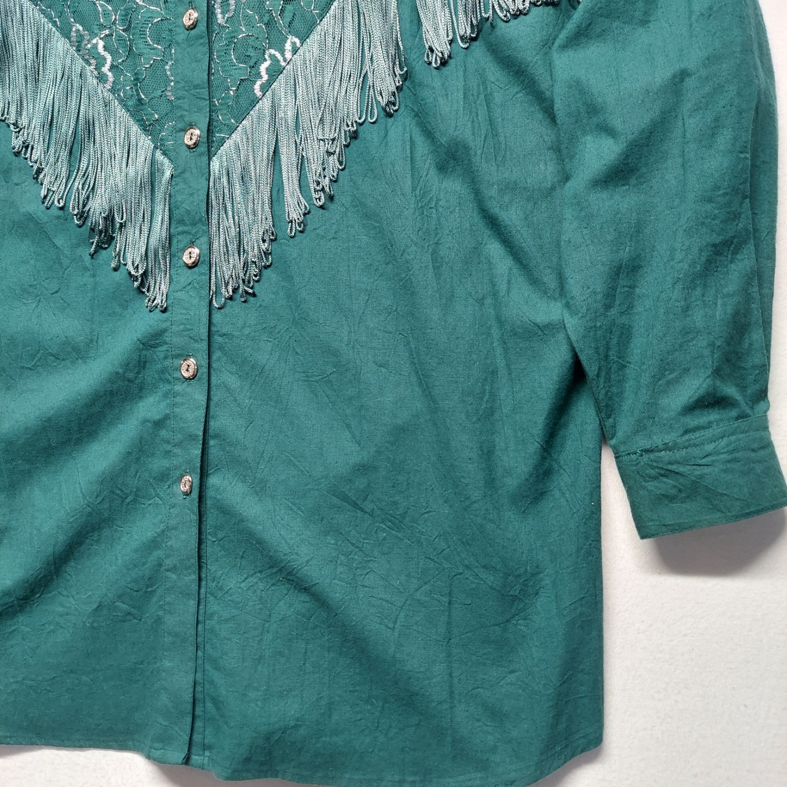 VTG 80’s Lilia Guilty Western Cowgirl Blouse XL Green Metallic Lace Fringe USA