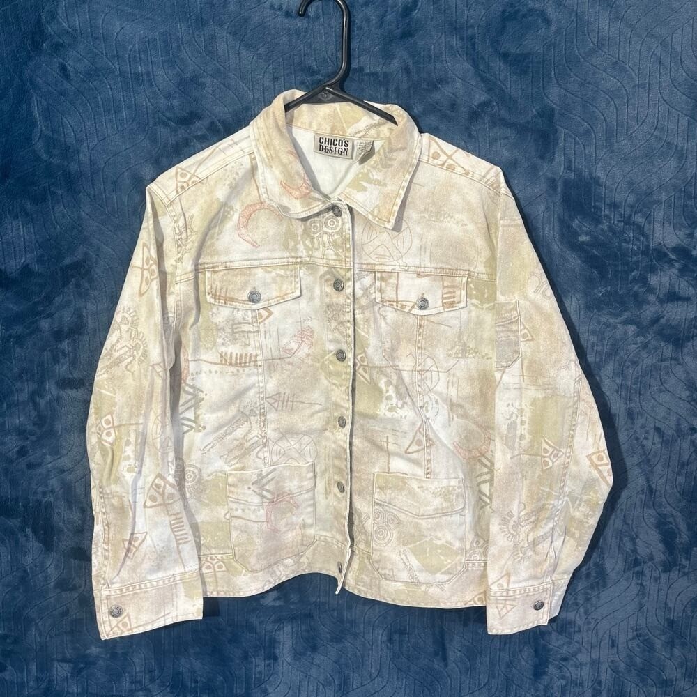 Vintage Chico’s 90’s Design Tribal Printed Beige Denim Jacket Womans Size 2