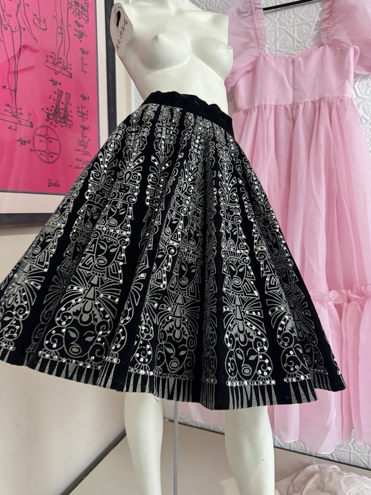 Vintage Velvet black circle skirt-Hand painted-Sequin-1950s-Skate-Silver-Deity-M