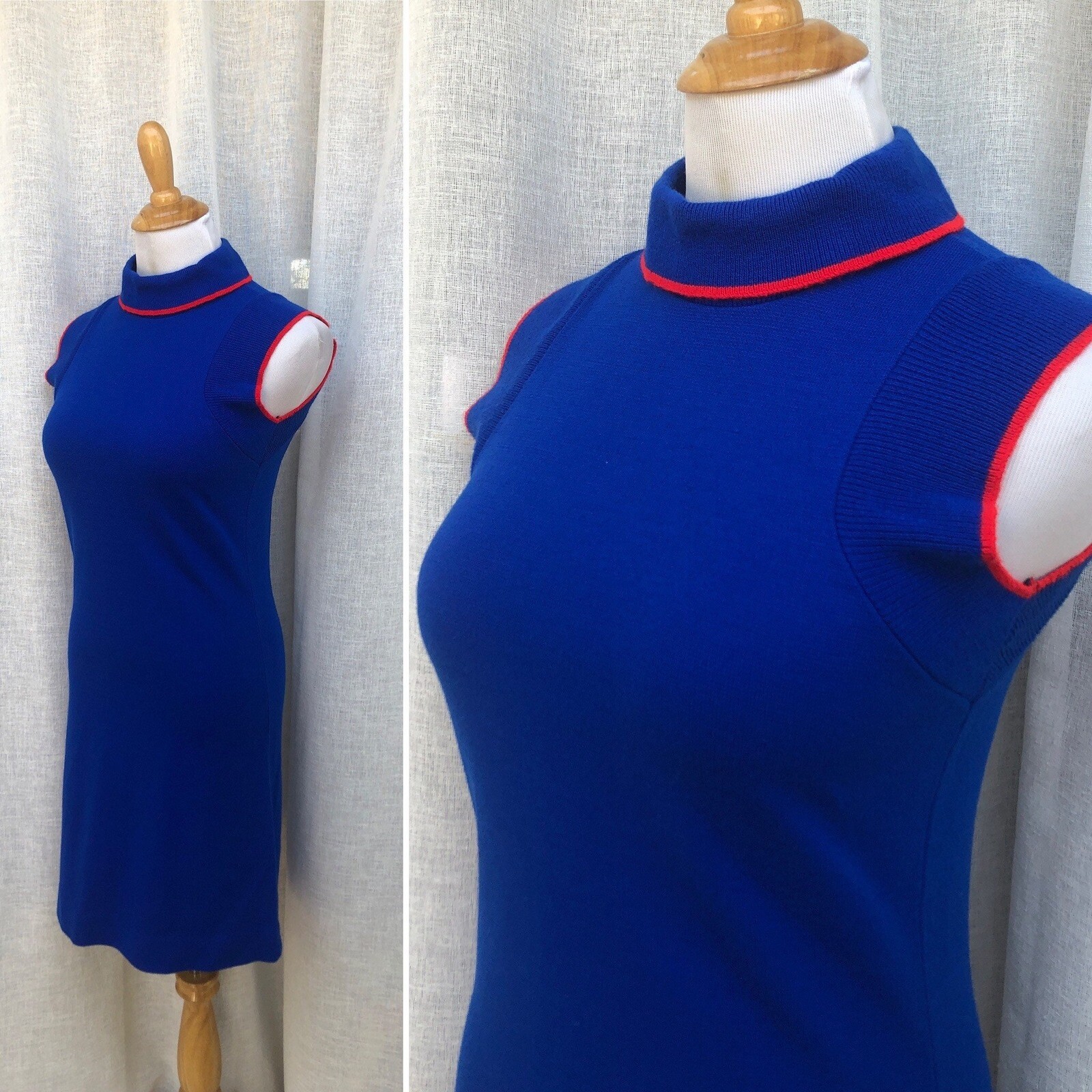 1960 Helen Whiting Sleeveless Blue With red knitted mini Dress
