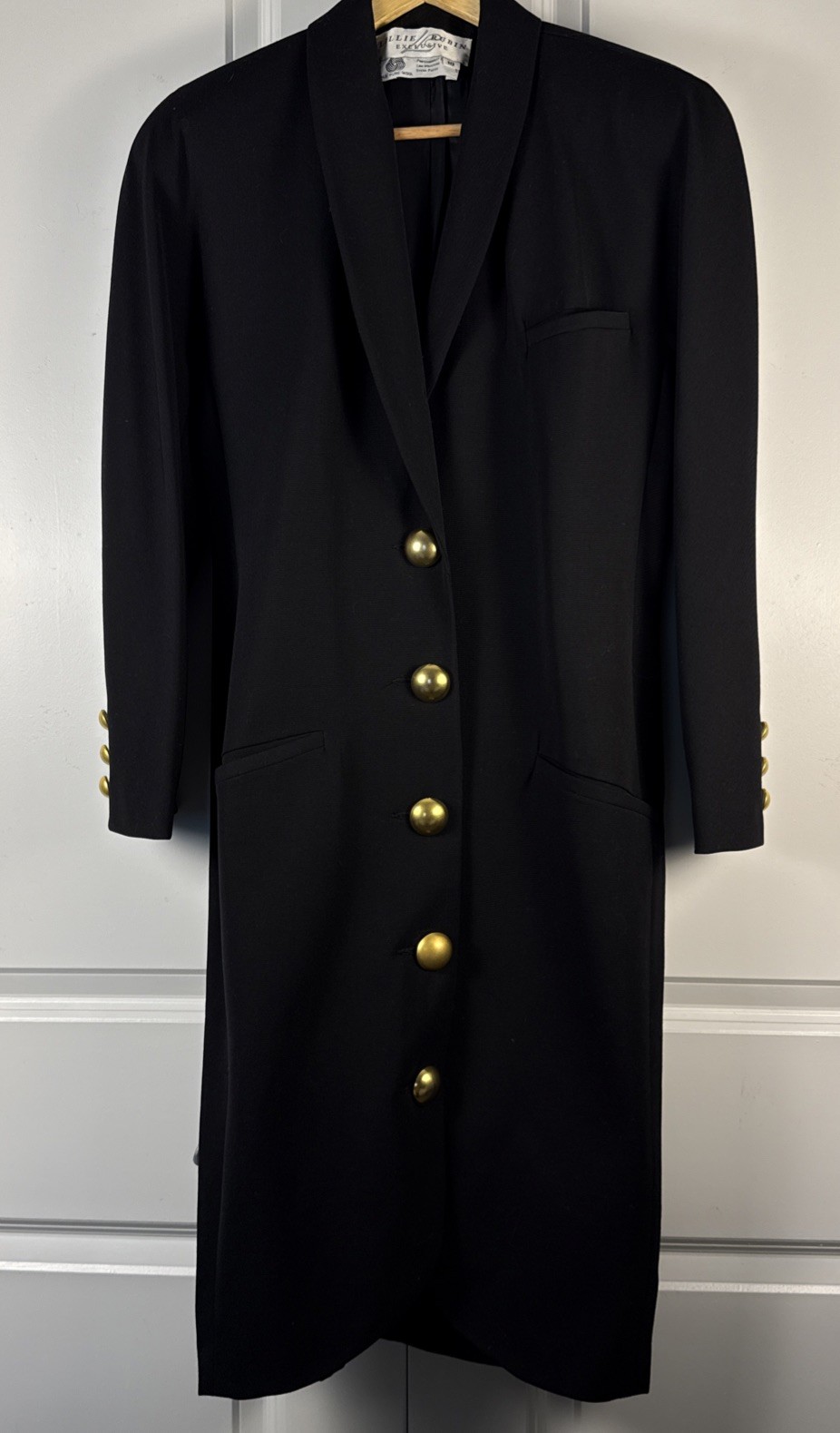 Vtg Lillie Rubin Wool Coat Dress 10 Black Shoulder Pads GoldButtons Quiet Luxury