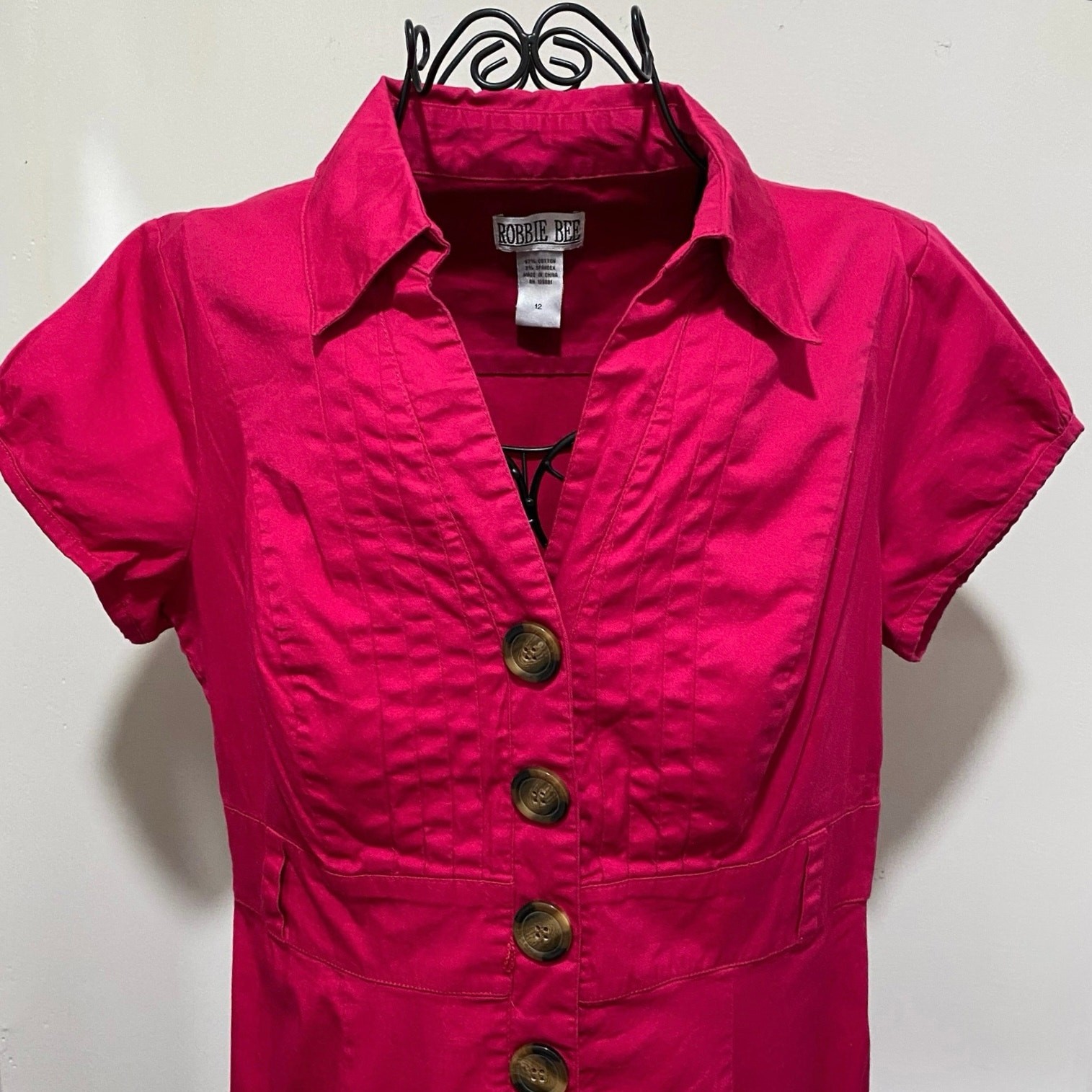 Vintage Robbie Bee Mini Dress Size 12 Fuchsia Pink Snap Closure Collared 1980s