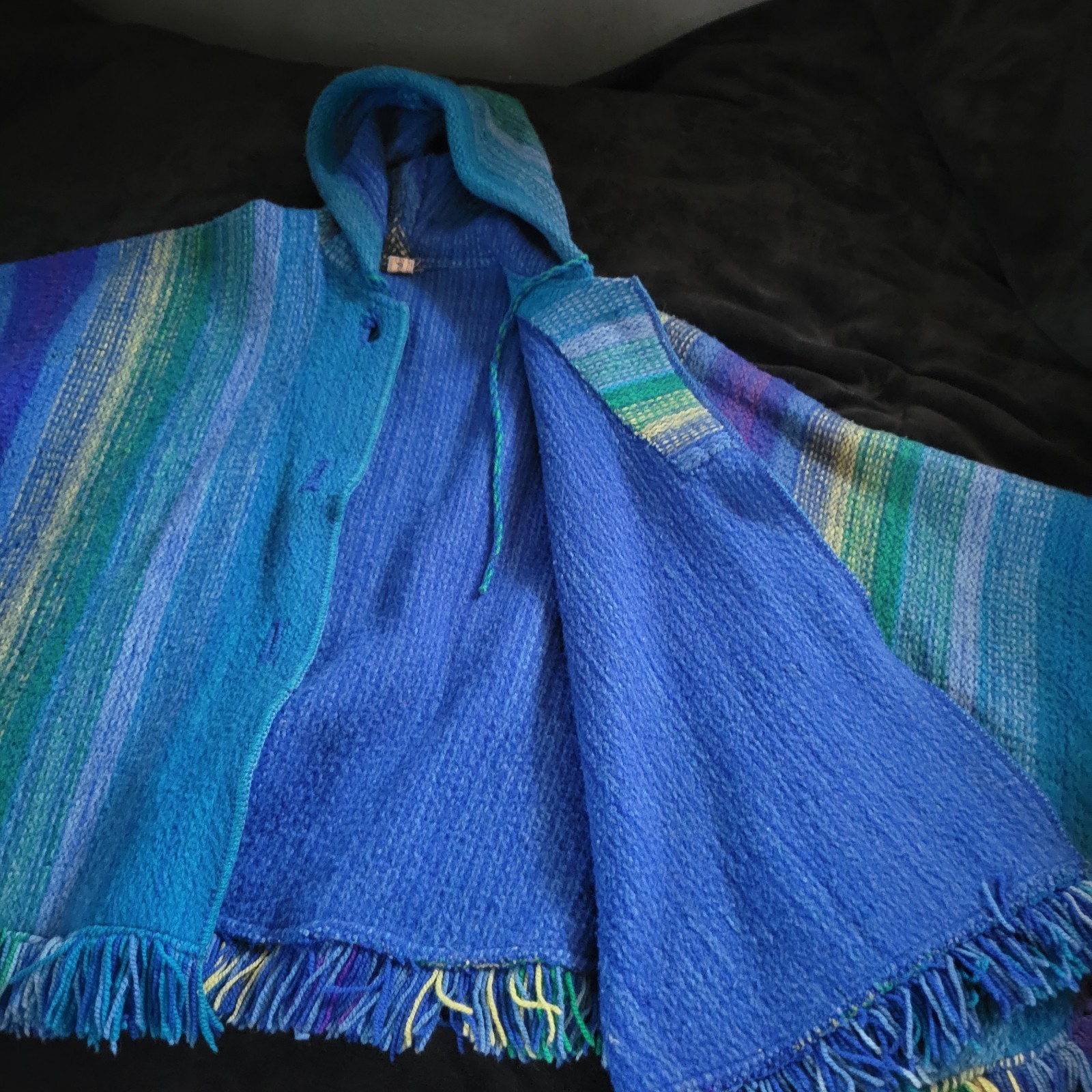 Vintage Handmade Wool Poncho Hooded Cape Blue Multi-Stripe Artisan Bogota…