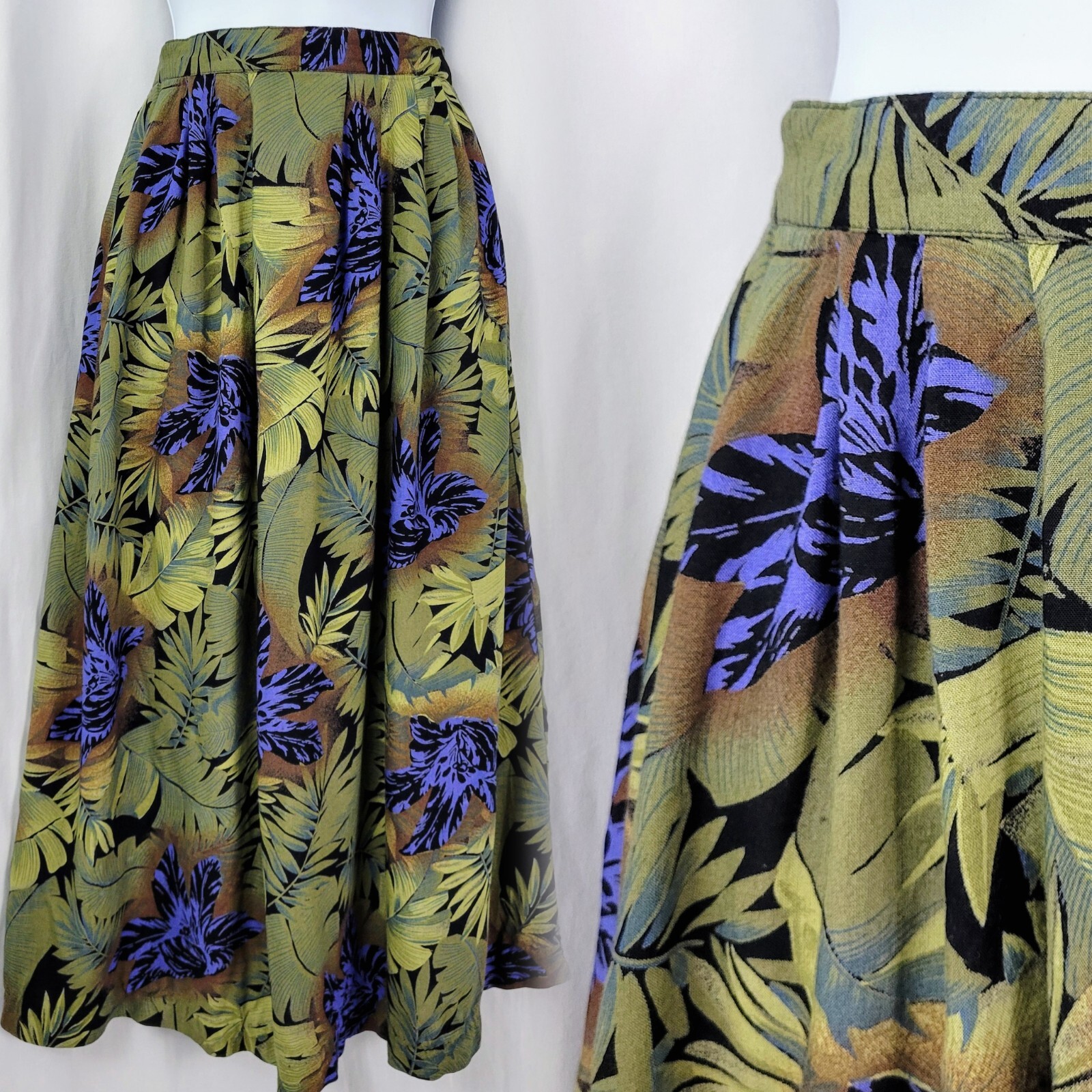 Vintage Green/Brown/Black/Pruple Floral/Leaf Print Skirt Size 3