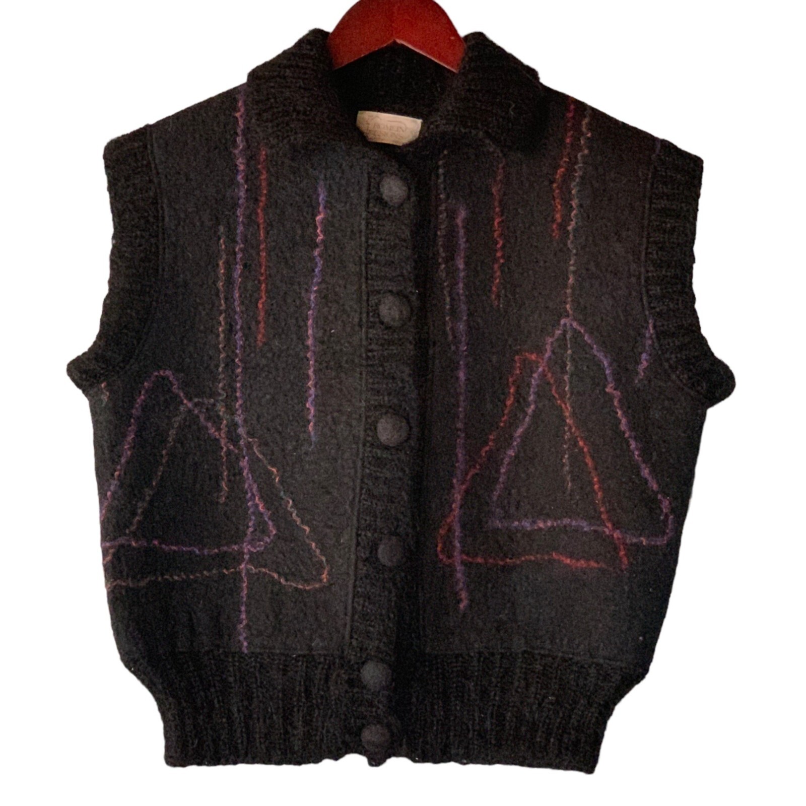 Vintage Romlin Designs Art to Wear Wool Vest M Lopez Island Felted Black Purple