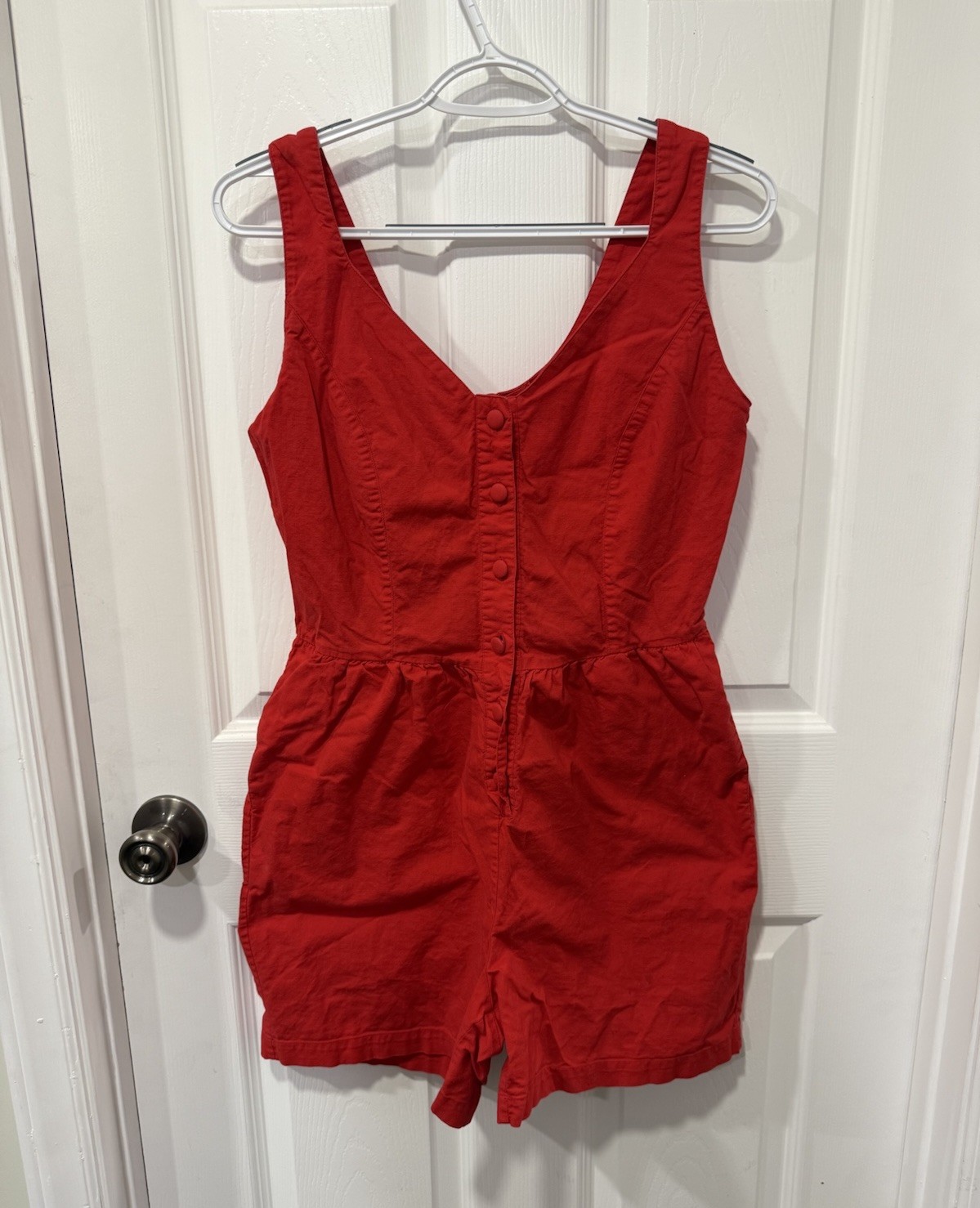 Vintage 1980s Red Romper Button Up Lace Back Pockets Size S Cotton Fashion Force