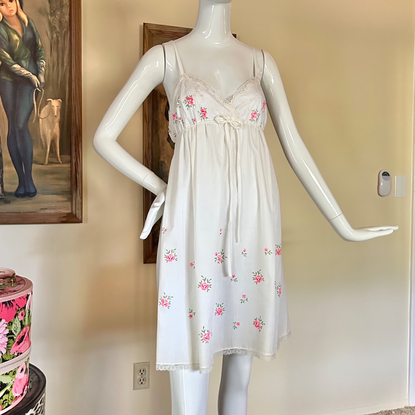 Vintage 1960s Sweet Pink Flowers Babydoll Nightgown & Robe Cotton Pajama Set S