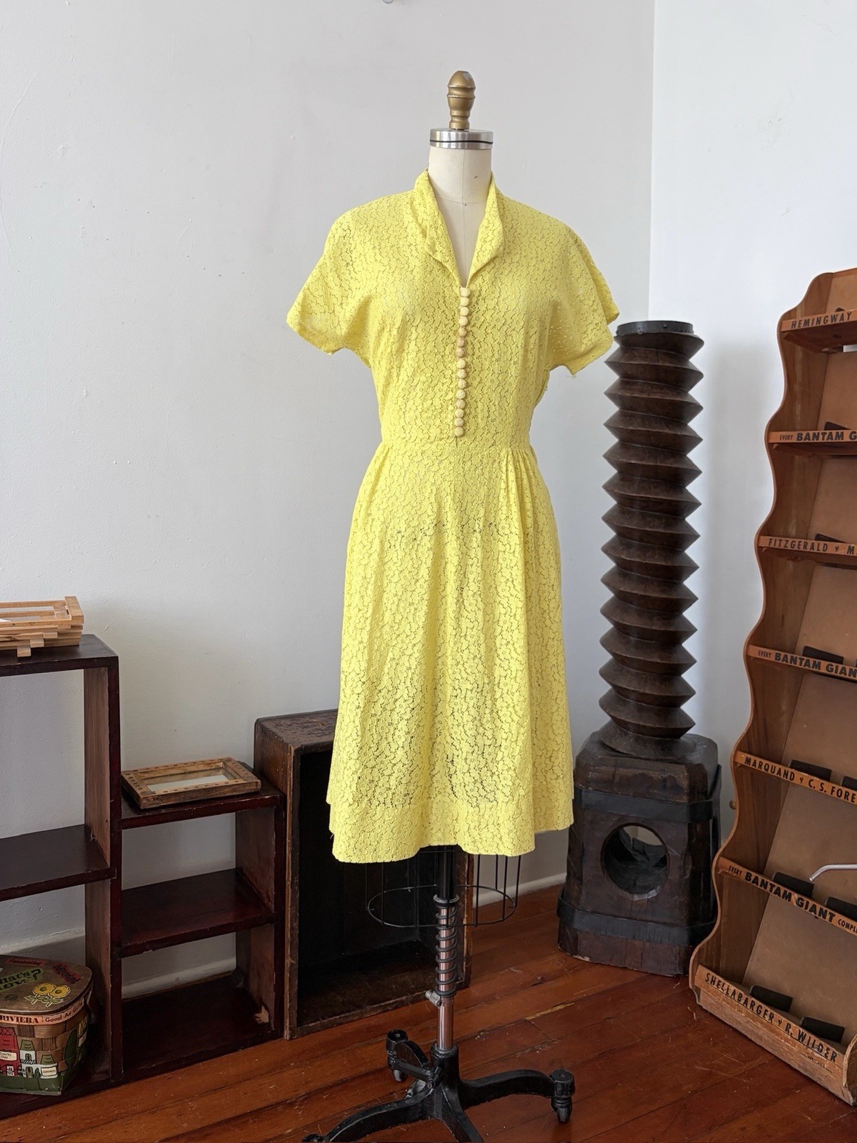 Vintage 40s 50s Sheer Chartreuse Lace Midi Length Shirtwaist Day Dress Summer M
