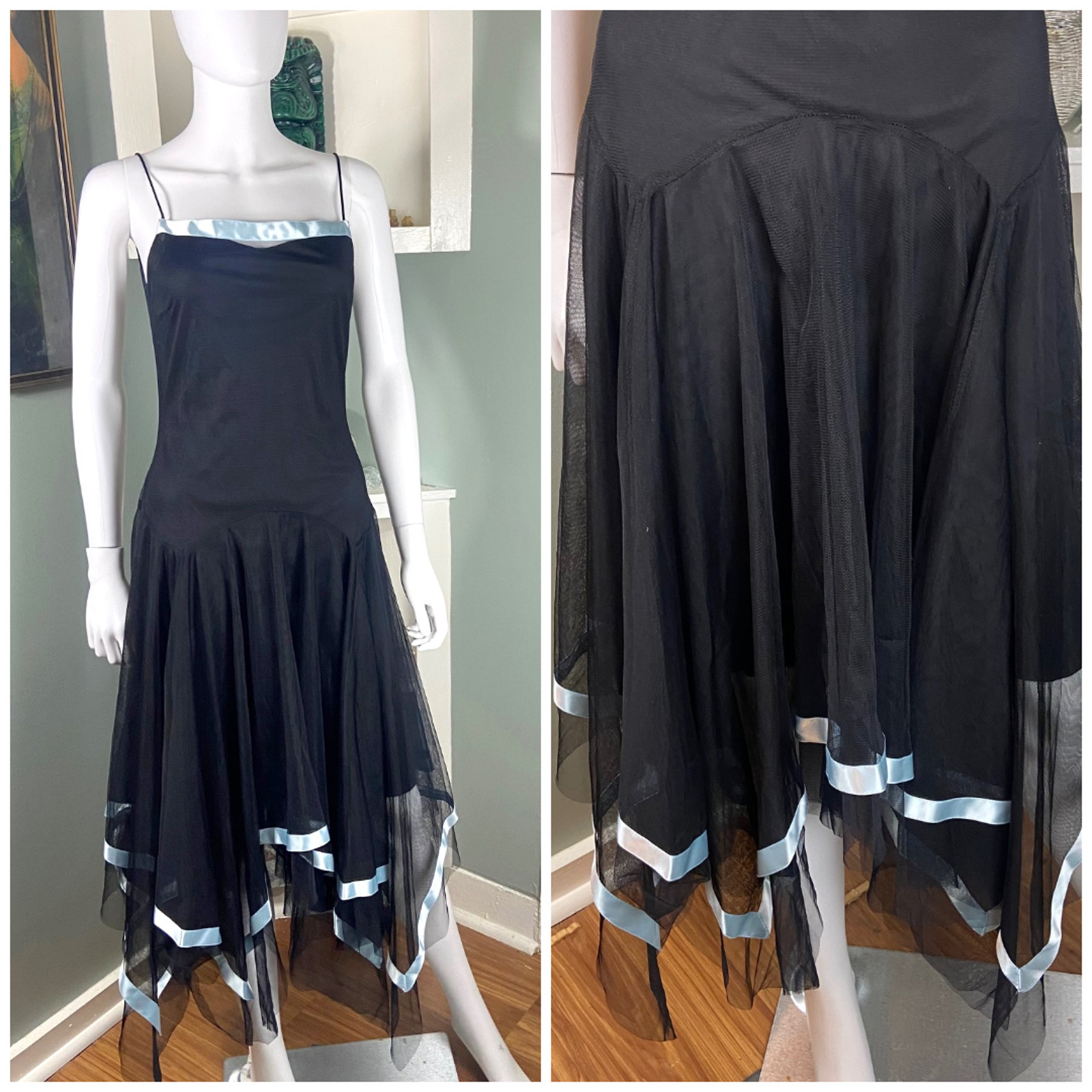 Vintage Y2K B Darlin Fairycore Asymmetrical Handkerchief Slip Midi Mesh Dress
