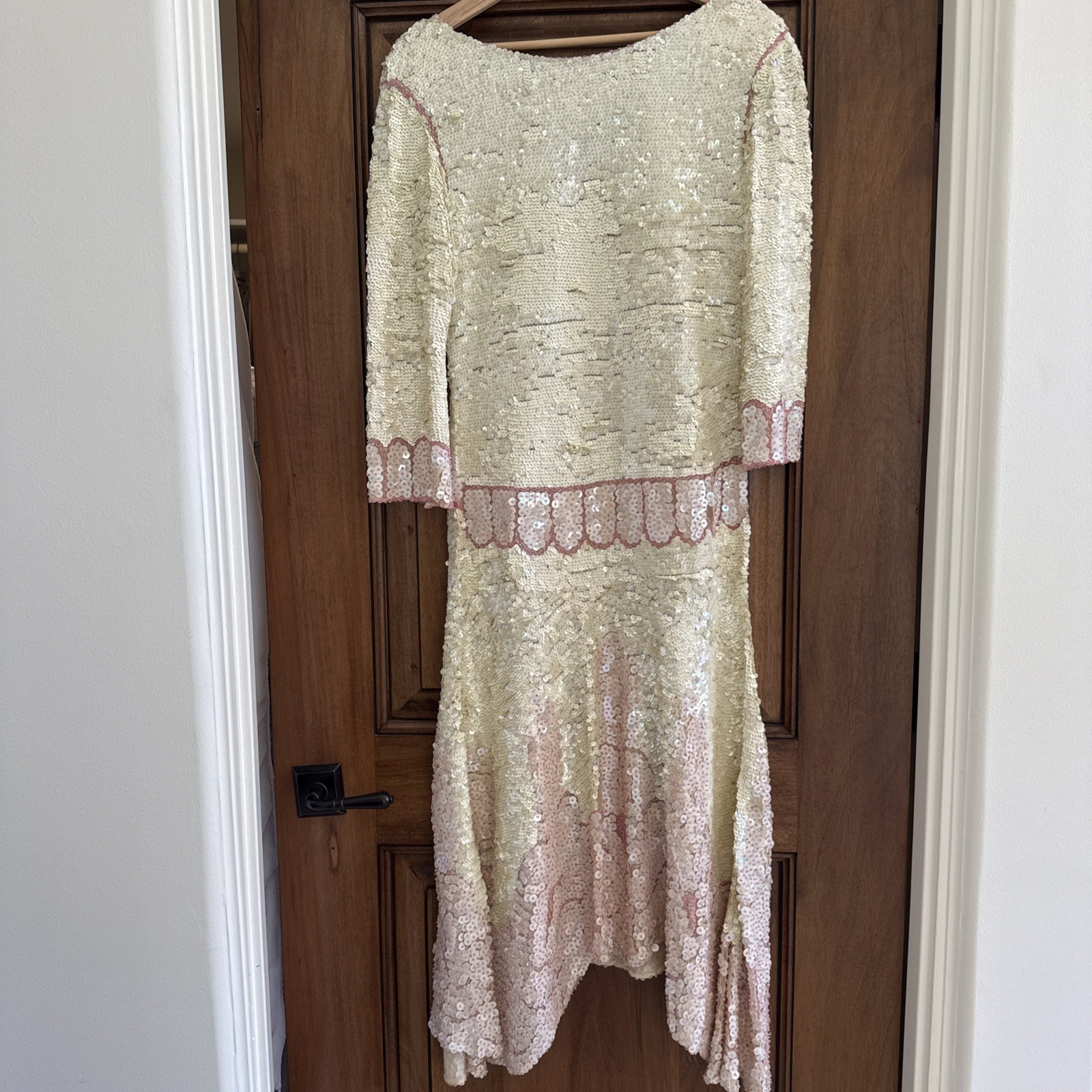 Vintage 80s Jenny Lewis London 100% Silk Sequin Dress Art Deco Handkerchief Hem