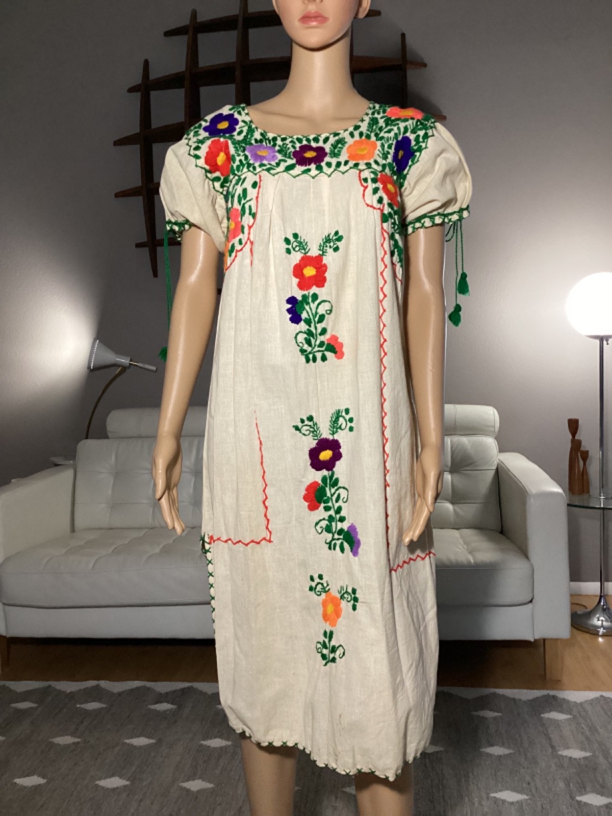 Vintage Oaxaca Mexican Hand Embroidered Floral Cotton Gauze Dress Hippie Boho
