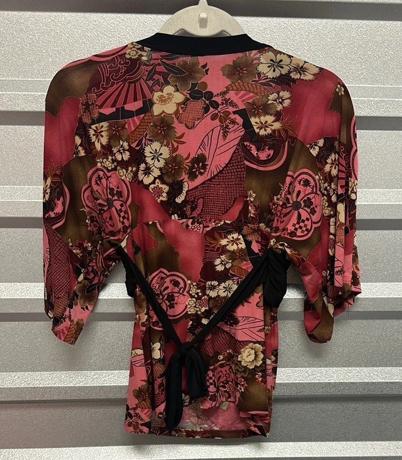 Vintage Asian V Neck Blouse Womens Size Medium Retro Y2K Top Floral Print Hippie