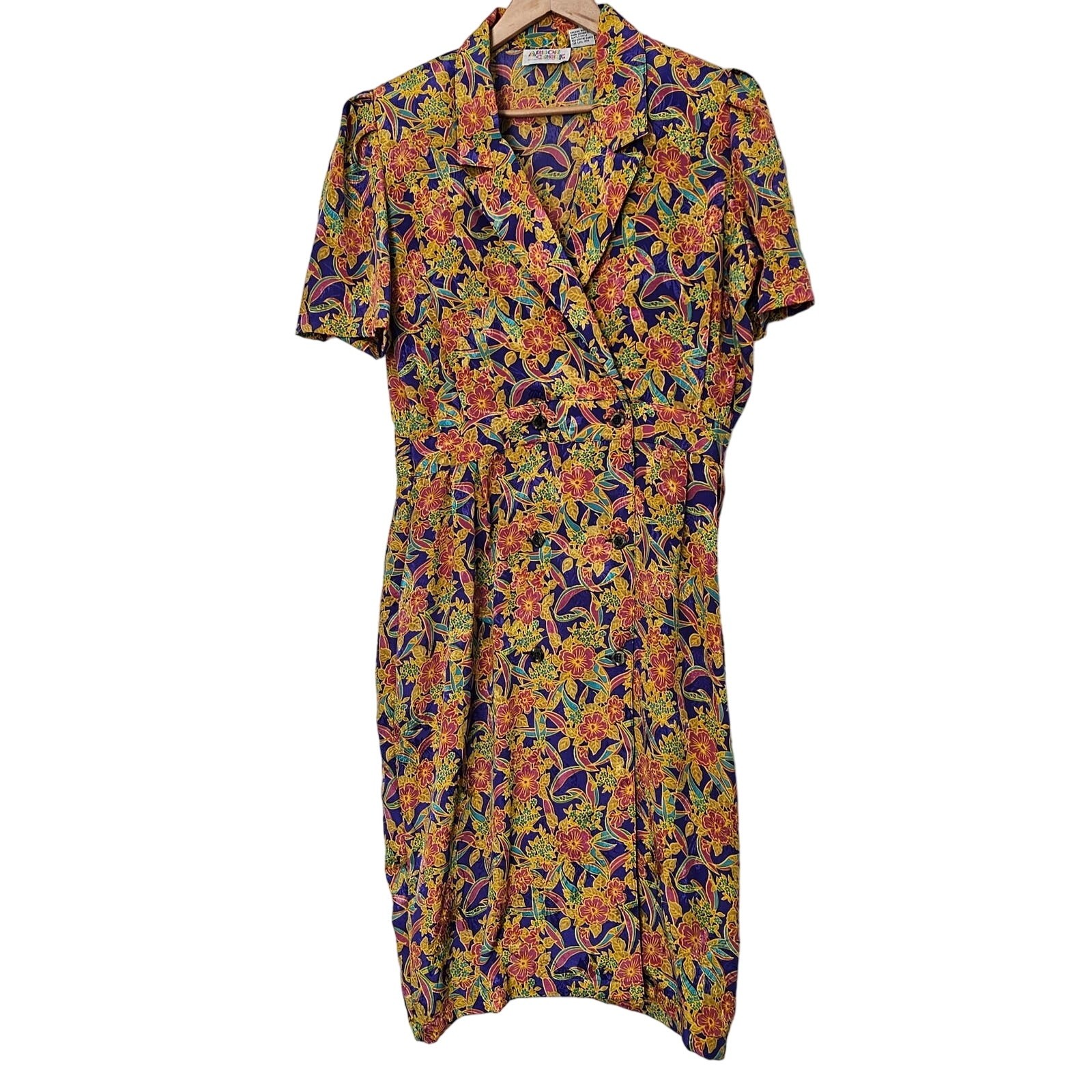 Vintage Arbor Creek Dress Size Large 80s Purple Yellow Floral Shirt Dress Midi