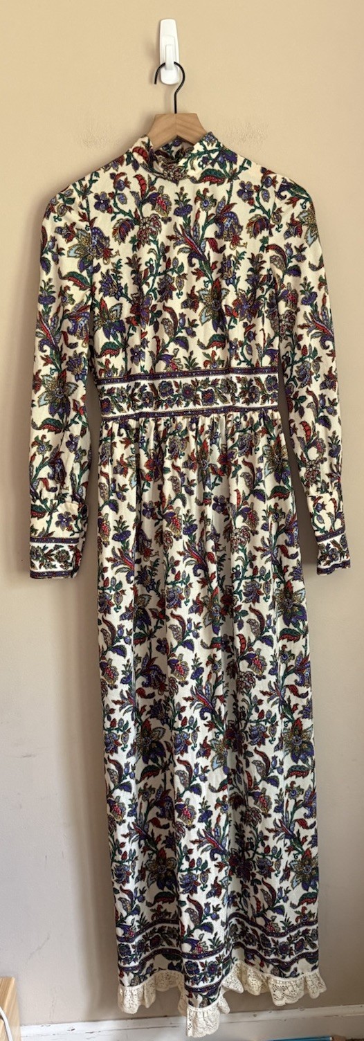 Vintage Maxi Dress 60s 70s Floral Print Denise L. Womens Size 6 8 Lace Ruffle