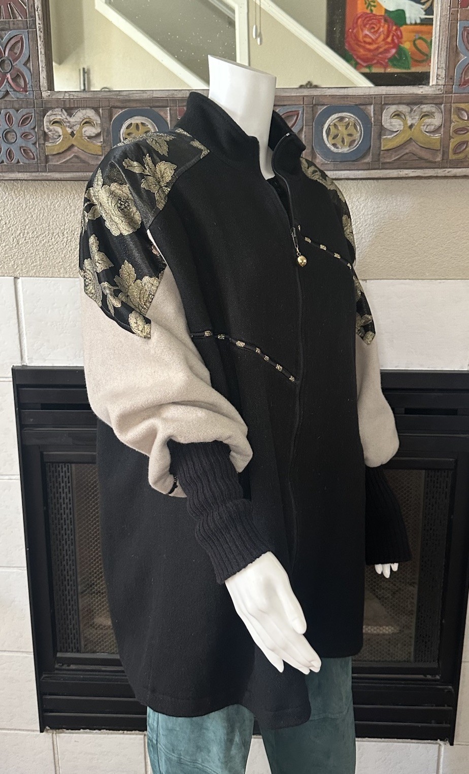 Vtg Wool Coat XL Lady Suzette Black Gold 80s Glam Zip Up Jacket Bat Wing Sleeves