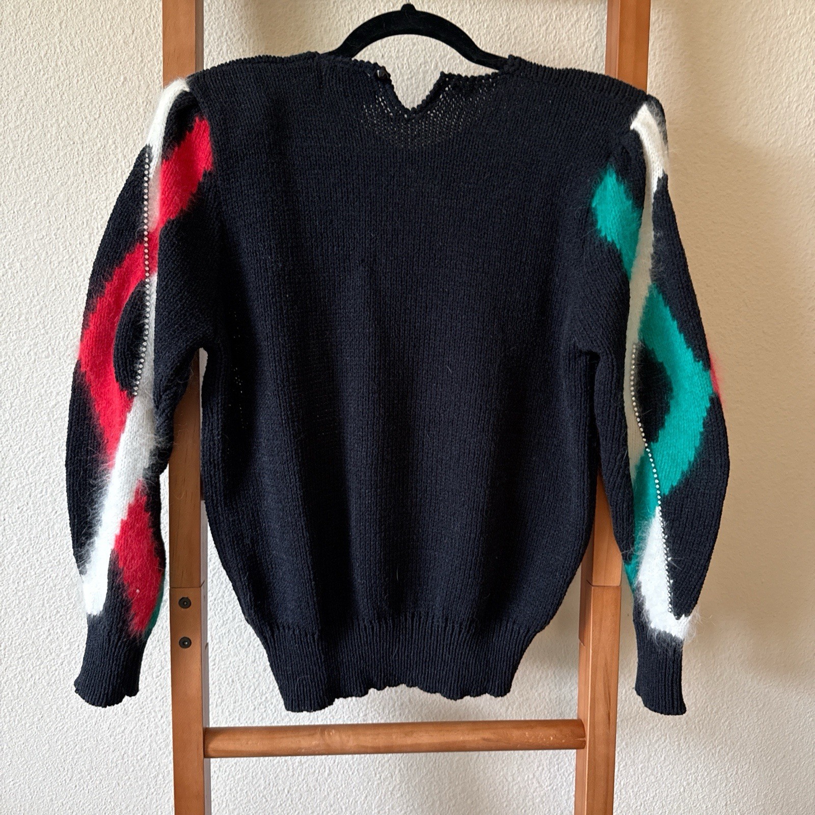 Vintage 1980 Black Red And Green Angora Blend Sweater Size Small