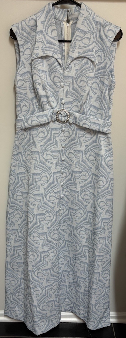Vtg 60s 70s Mod Blue Silver Metallic Lounging Maxi Dress Hostess Dressing Gown 6
