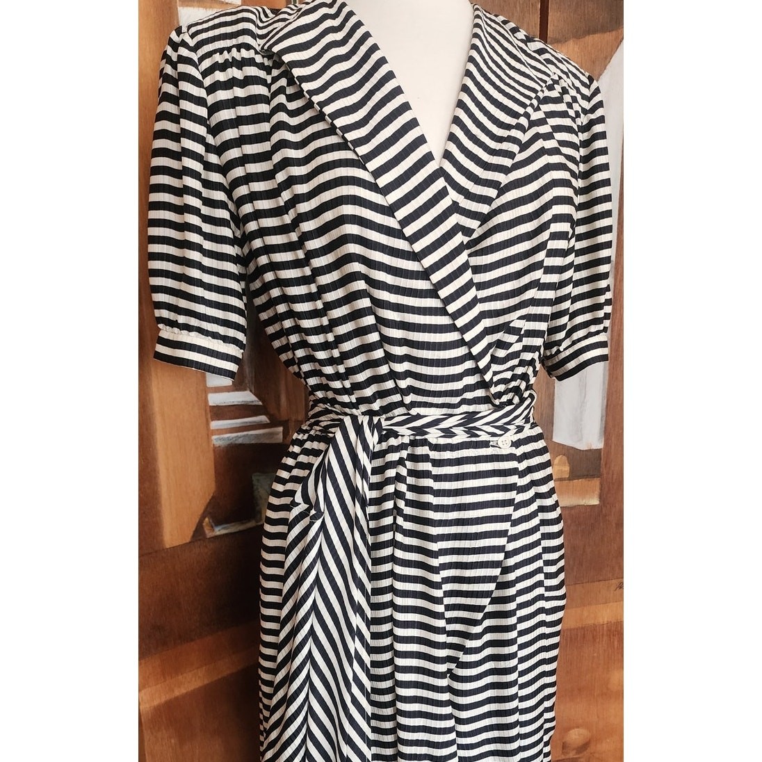 Vintage 1980s Archival Armani Dress Silk Striped Wrap Midi White Label IT 38