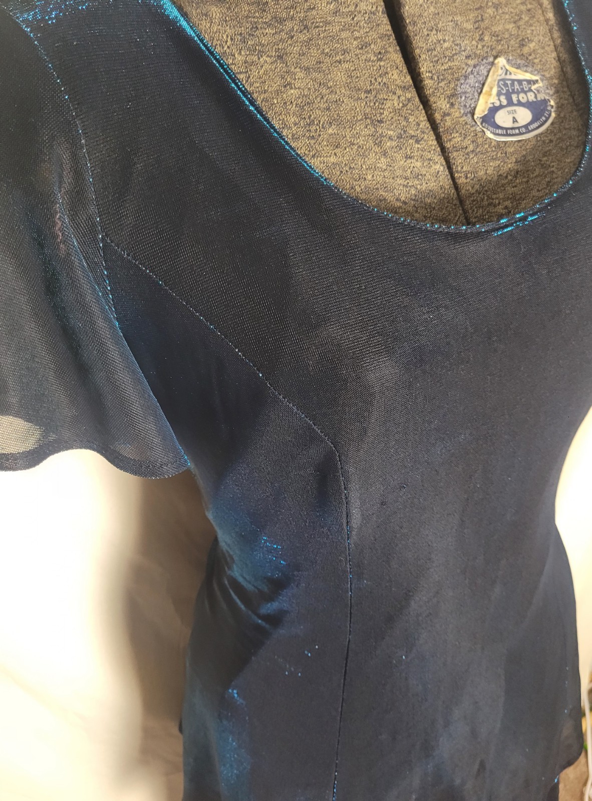 Vintage 70s 80s Blue Shiny Mini Dress Black Layered Party M/L Molly Malloy