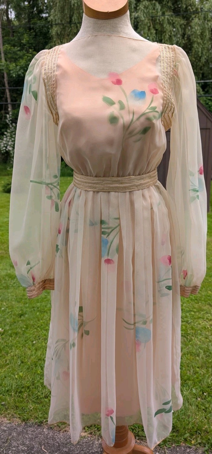 Vintage MIGNON Silk Chiffon Dress XS Sheer Floral Gold Trim Illusion Gown 70s