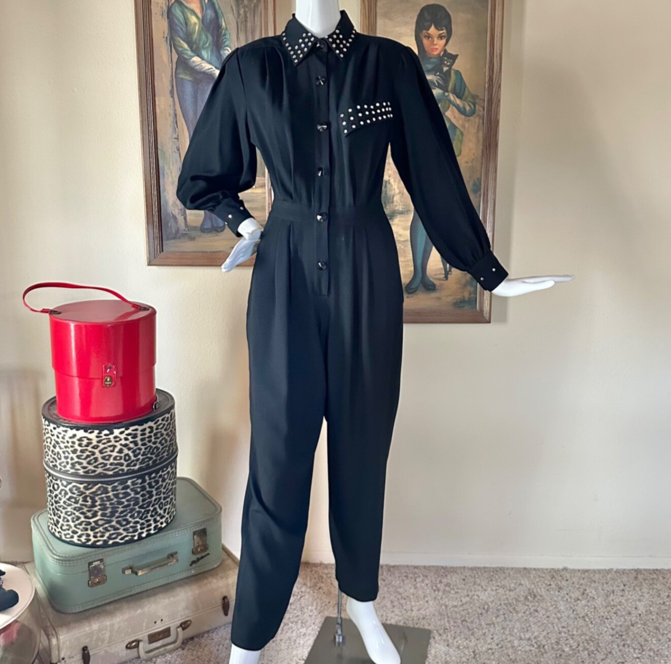 Vintage 1980s MS Chaus Studded Rhinestone Black Jumpsuit Military Rock Chick M