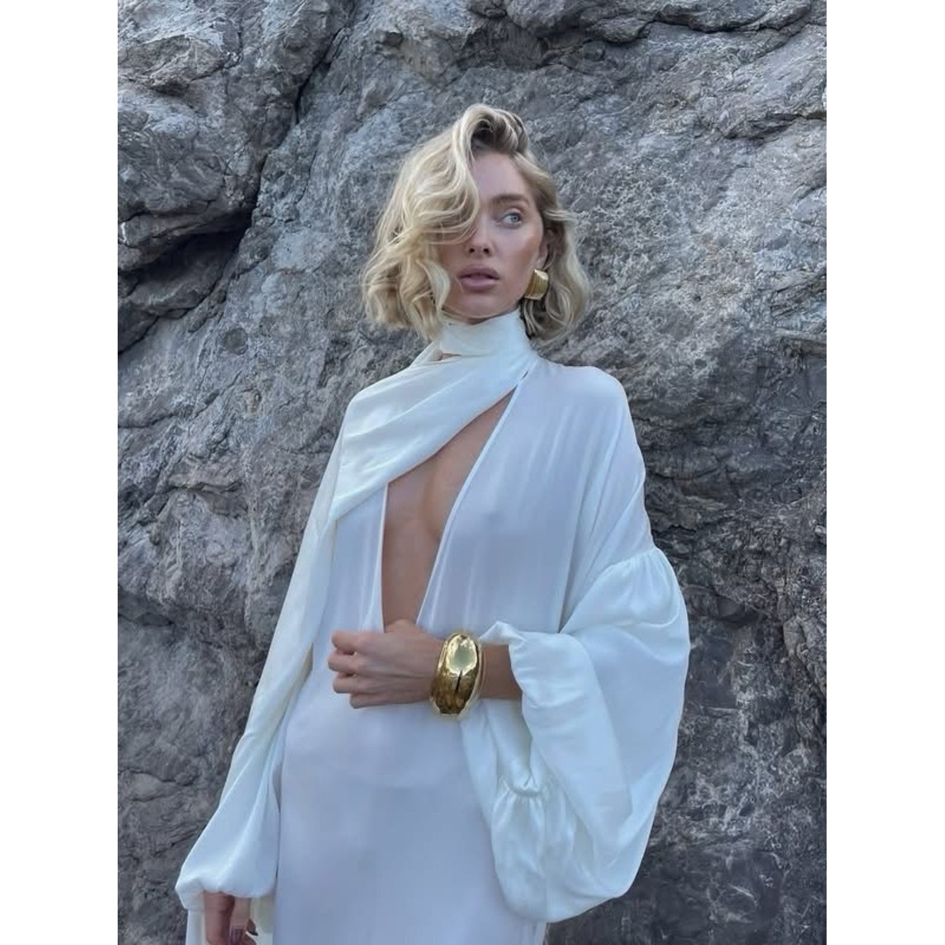 Elegant White Silk Plunging Maxi Dress with Dramatic Sleeves